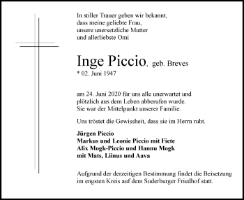 Traueranzeige von Inge Piccio von UELZEN
