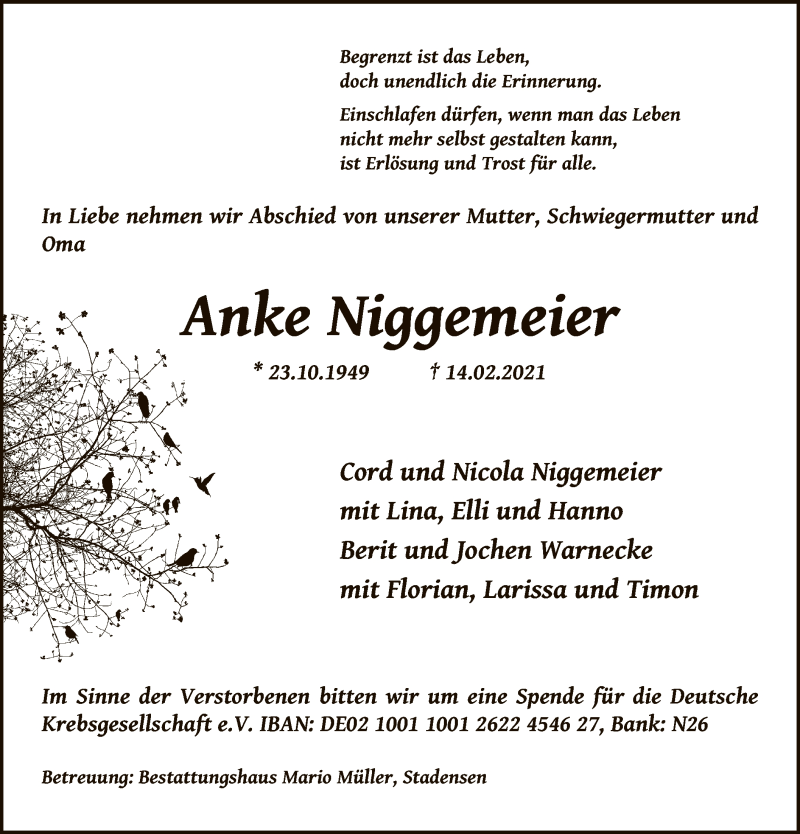  Traueranzeige für Anke Niggemeier vom 16.02.2021 aus UEL