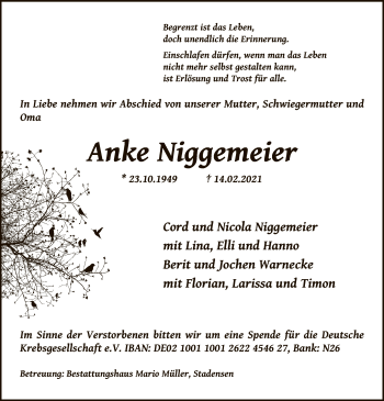 Traueranzeige von Anke Niggemeier von UEL