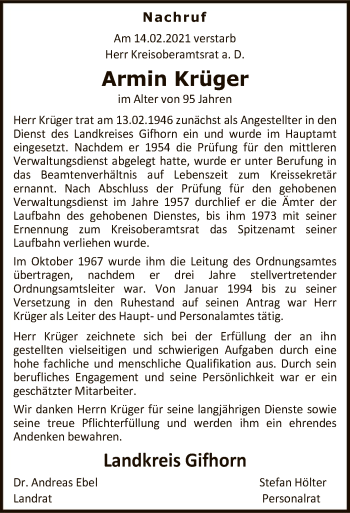 Traueranzeige von Armin Krüger von UEL