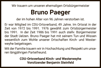 Traueranzeige von Bruno Paeger von UEL