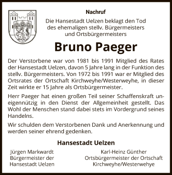 Traueranzeige von Bruno Paeger von UEL