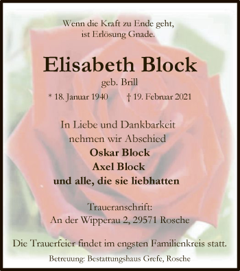 Traueranzeige von Elisabeth Block von UEL