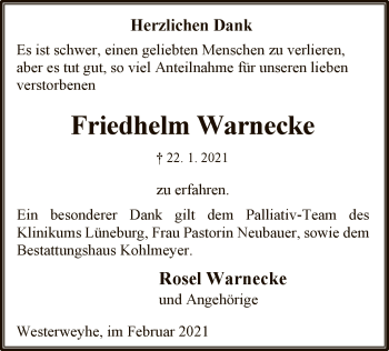 Traueranzeige von Friedhelm Warnecke von UEL