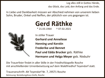 Traueranzeige von Gerd Räthke von UEL