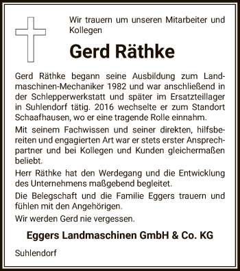 Traueranzeige von Gerd Räthke von UEL