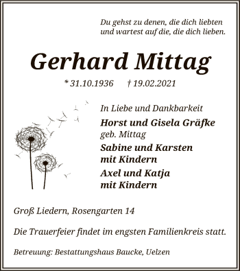 Traueranzeige von Gerhard Mittag von UEL