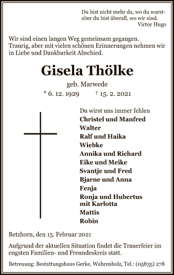 Traueranzeige von Gisela Thölke von UEL