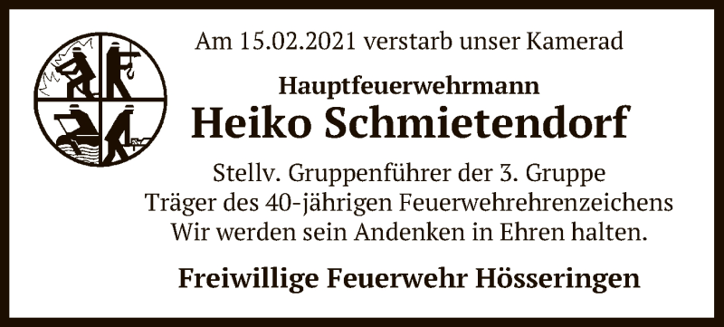  Traueranzeige für Heiko Schmietendorf vom 20.02.2021 aus UEL