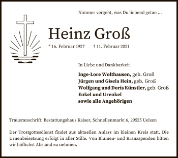 Traueranzeige von Heinz Groß von UEL