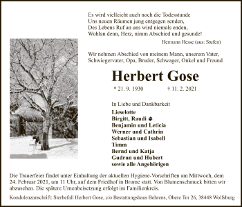 Traueranzeige von Herbert Gose von UEL