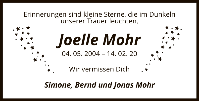  Traueranzeige für Joelle Mohr vom 13.02.2021 aus UEL