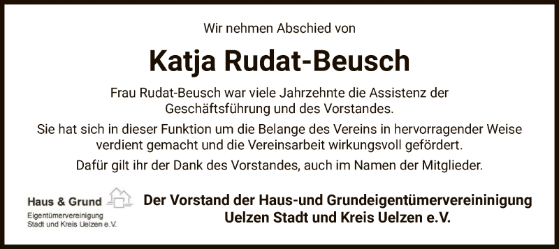  Traueranzeige für Katja Rudat-Beusch vom 06.02.2021 aus UEL