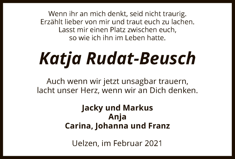  Traueranzeige für Katja Rudat-Beusch vom 06.02.2021 aus UEL