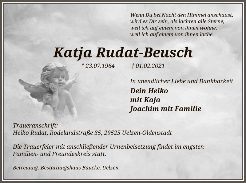  Traueranzeige für Katja Rudat-Beusch vom 03.02.2021 aus UEL
