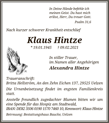 Traueranzeige von Klaus Hintze von UEL