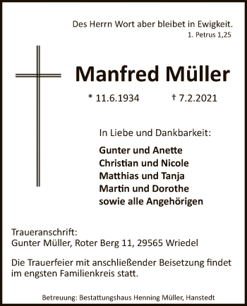 Traueranzeige von Manfred Müller von UEL