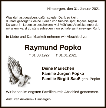 Traueranzeige von Raymund Popko von UEL