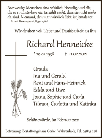 Traueranzeige von Richard Henneicke von UEL