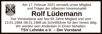 Traueranzeige von Rolf Lüdemann von UEL