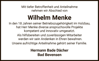 Traueranzeige von Wilhelm Menke von UEL