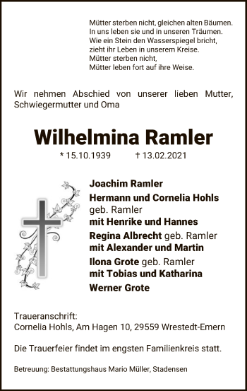 Traueranzeige von Wilhelmina Ramler von UEL
