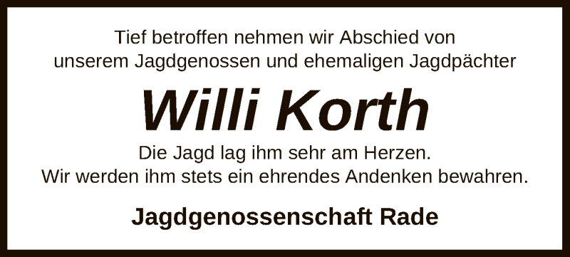  Traueranzeige für Willi Korth vom 17.02.2021 aus UEL