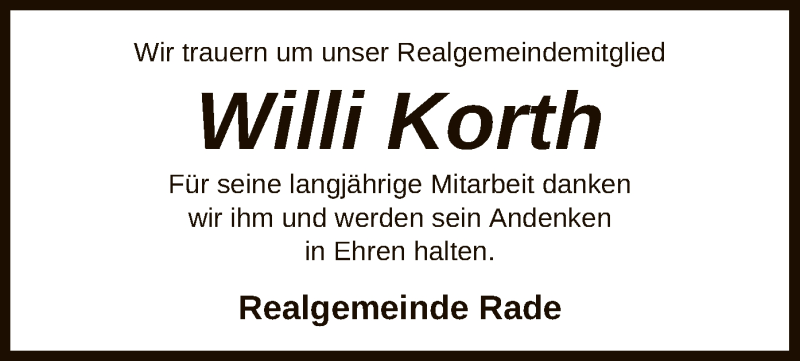  Traueranzeige für Willi Korth vom 17.02.2021 aus UEL