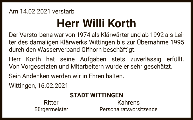 Traueranzeige für Willi Korth vom 18.02.2021 aus UEL
