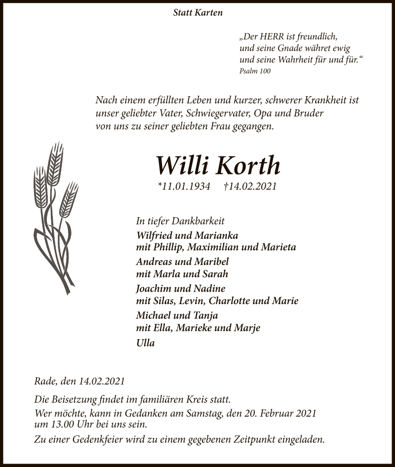  Traueranzeige für Willi Korth vom 16.02.2021 aus UEL