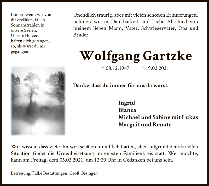  Traueranzeige für Wolfgang Gartzke vom 23.02.2021 aus UEL