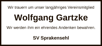 Traueranzeige von Wolfgang Gartzke von UEL