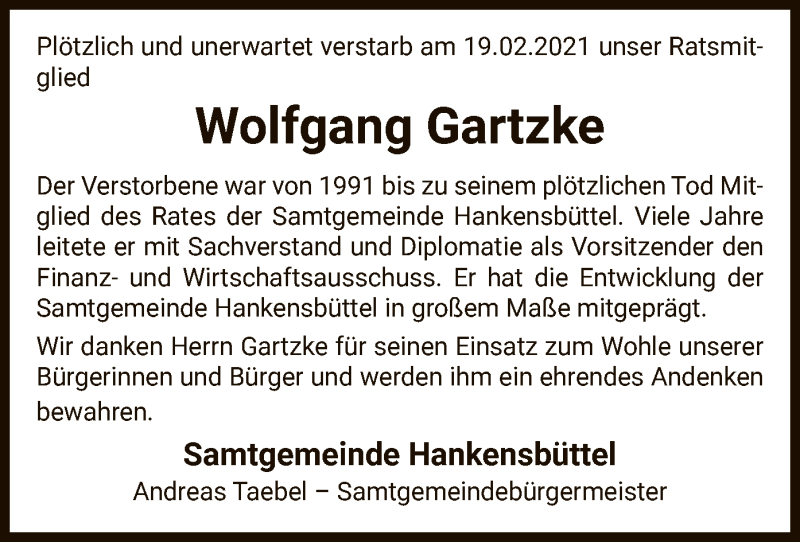  Traueranzeige für Wolfgang Gartzke vom 25.02.2021 aus UEL