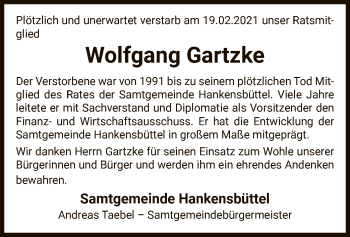 Traueranzeige von Wolfgang Gartzke von UEL