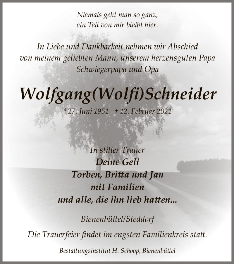  Traueranzeige für Wolfgang Schneider vom 20.02.2021 aus UEL