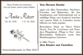 Traueranzeige von Anita Ritzer von UEL