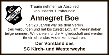 Traueranzeige von Annegret Boe von UEL