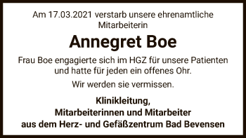 Traueranzeige von Annegret Boe von UEL