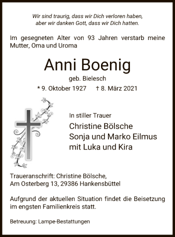 Traueranzeige von Anni Boenig von UEL