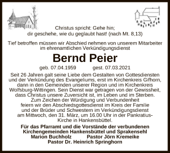 Traueranzeige von Bernd Peier von UEL