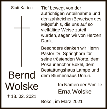 Traueranzeige von Bernd Wolske von UEL