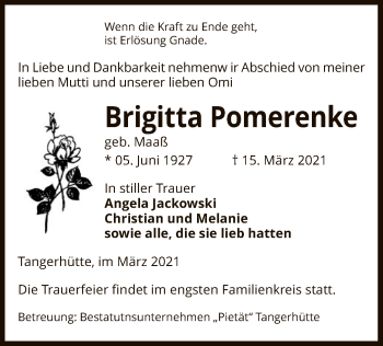 Traueranzeige von Brigitta Pomerenke von UEL