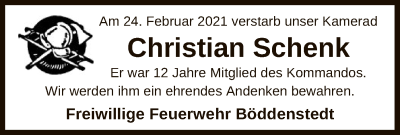  Traueranzeige für Christian Schenk vom 02.03.2021 aus UEL