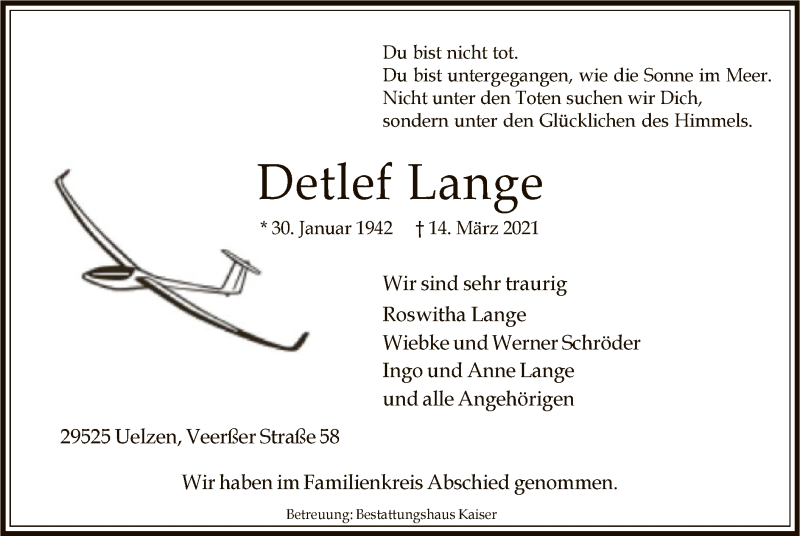  Traueranzeige für Detlef Lange vom 20.03.2021 aus UEL