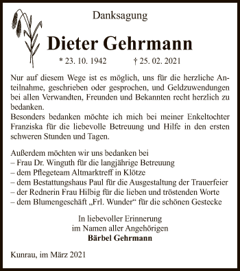 Traueranzeige von Dieter Gehrmann von UEL