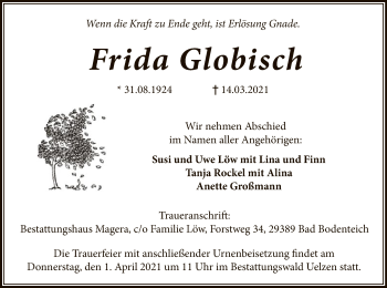 Traueranzeige von Frida Globisch von UEL