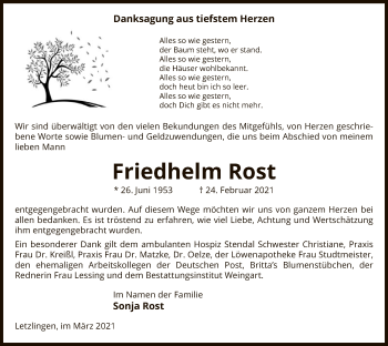 Traueranzeige von Friedhelm Rost von UEL