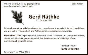 Traueranzeige von Gerd Räthke von UEL