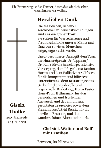 Traueranzeige von Gisela Thölke von UEL