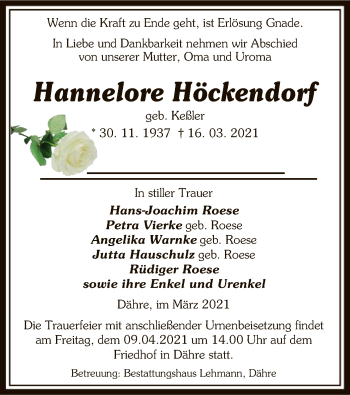 Traueranzeige von Hannelore Höckendorf von UEL